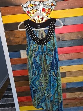 Elementz Blue and Green Paisley Stud-Trim Sleeveless Midi Dress💚